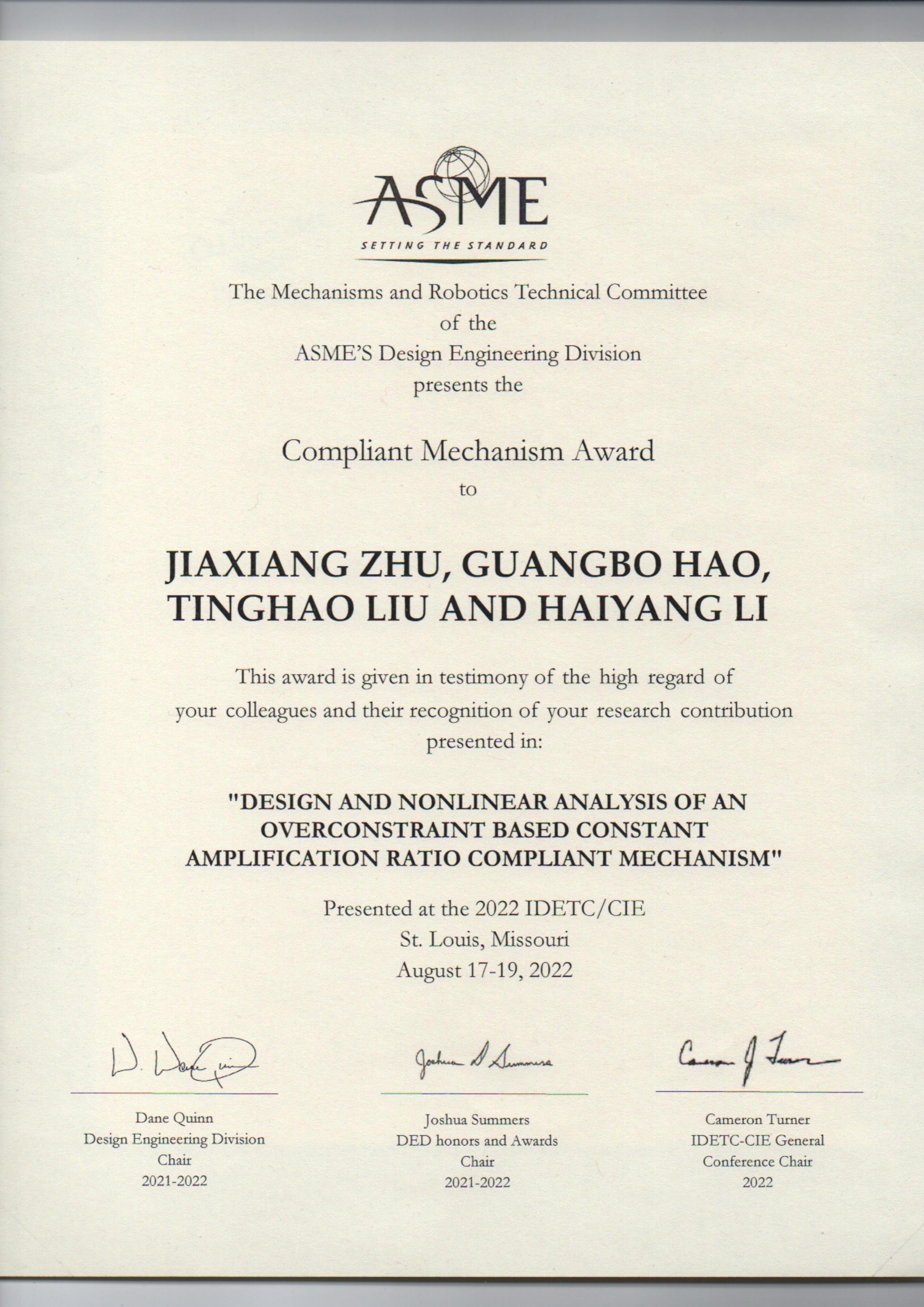 ASME Compliant Mechanisms Award